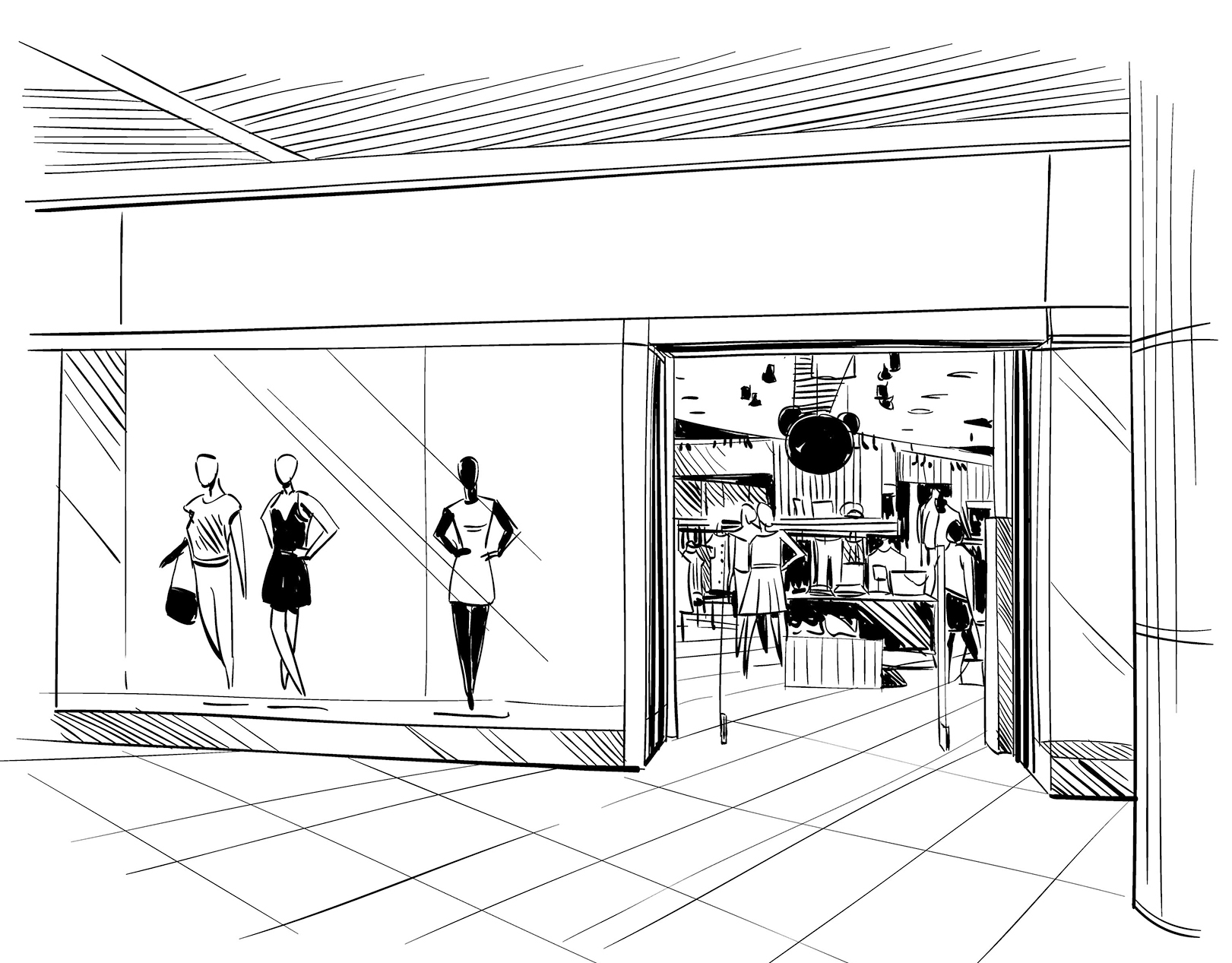 dessin de vitrine d'un magasin